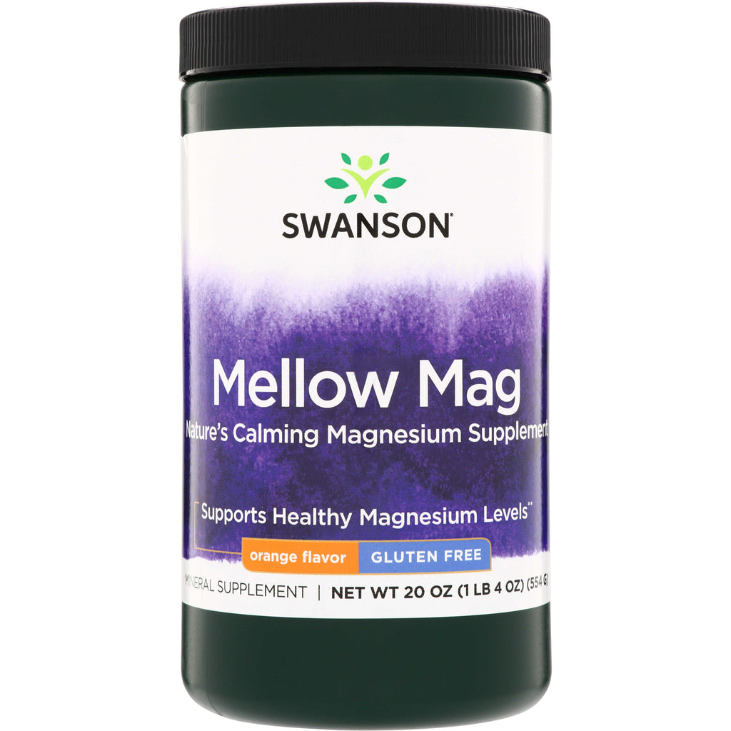 SW1731 | Swanson Mellow Mag magnesium supplement, orange flavor, gluten free, 20 oz canister front - Thumbnail
