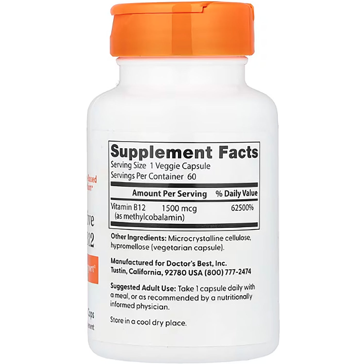 DB175 | back label showing Supplement Facts panel with Vitamin B12 1500 mcg, serving size 1 veggie capsule and ingredient info