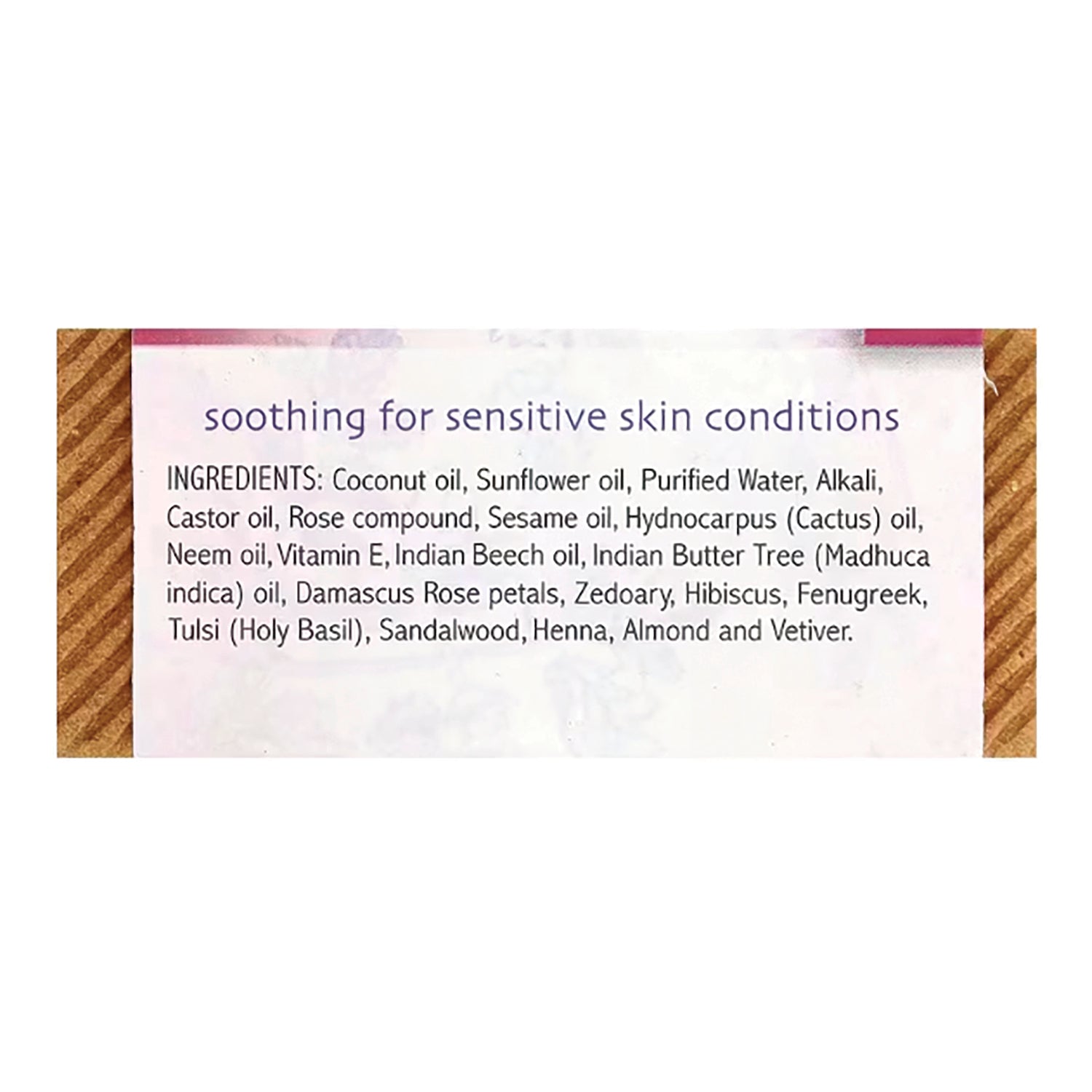 AUR004 | Back label: soothing for sensitive skin conditions; ingredients include coconut oil, sunflower oil, neem oil, vitamin E