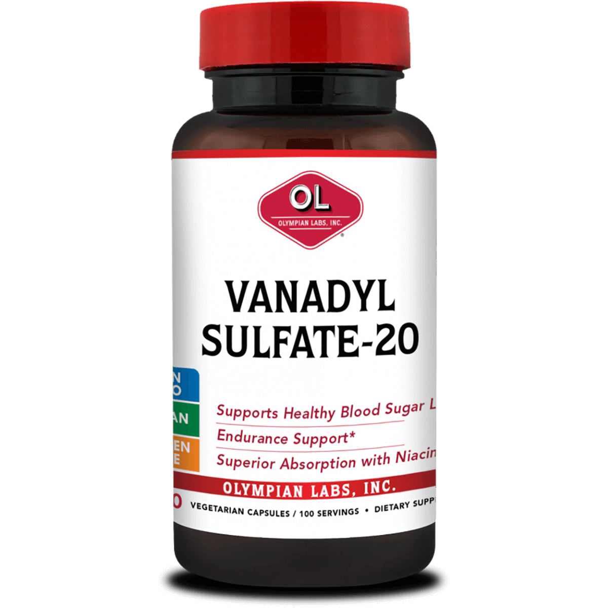 OL109 | Vanadyl Sulfate-20 supplement bottle with white label and red cap, Olympian Labs branding