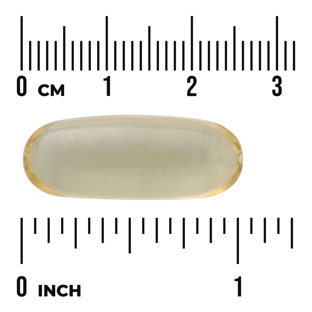 SWE064 | Yellow translucent softgel capsule shown against centimeter and inch rulers, about 3 cm / 1 inch long - Thumbnail