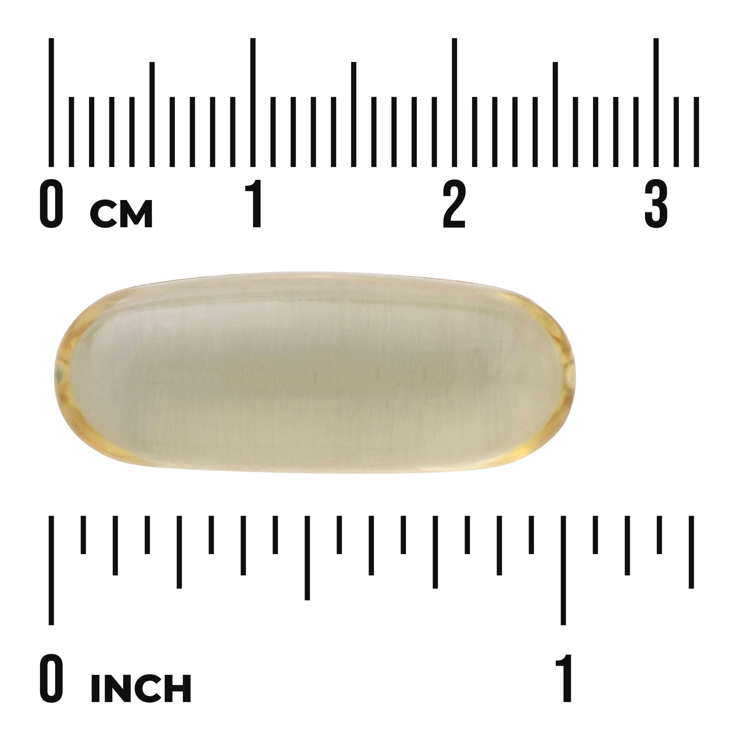 SWE064 | Yellow translucent softgel capsule shown against centimeter and inch rulers, about 3 cm / 1 inch long