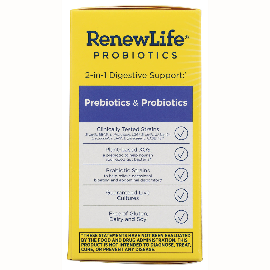 RNL209 | Back of yellow RenewLife probiotics box listing Prebiotics & Probiotics benefits and checkmarks, notes free of gluten dairy soy - Thumbnail