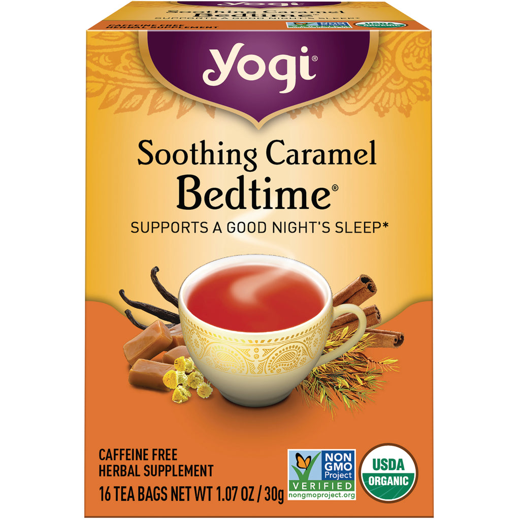 AHW054 | Yogi Soothing Caramel Bedtime tea box front showing cup of tea, 'Caffeine Free', USDA Organic and Non-GMO badges - Thumbnail