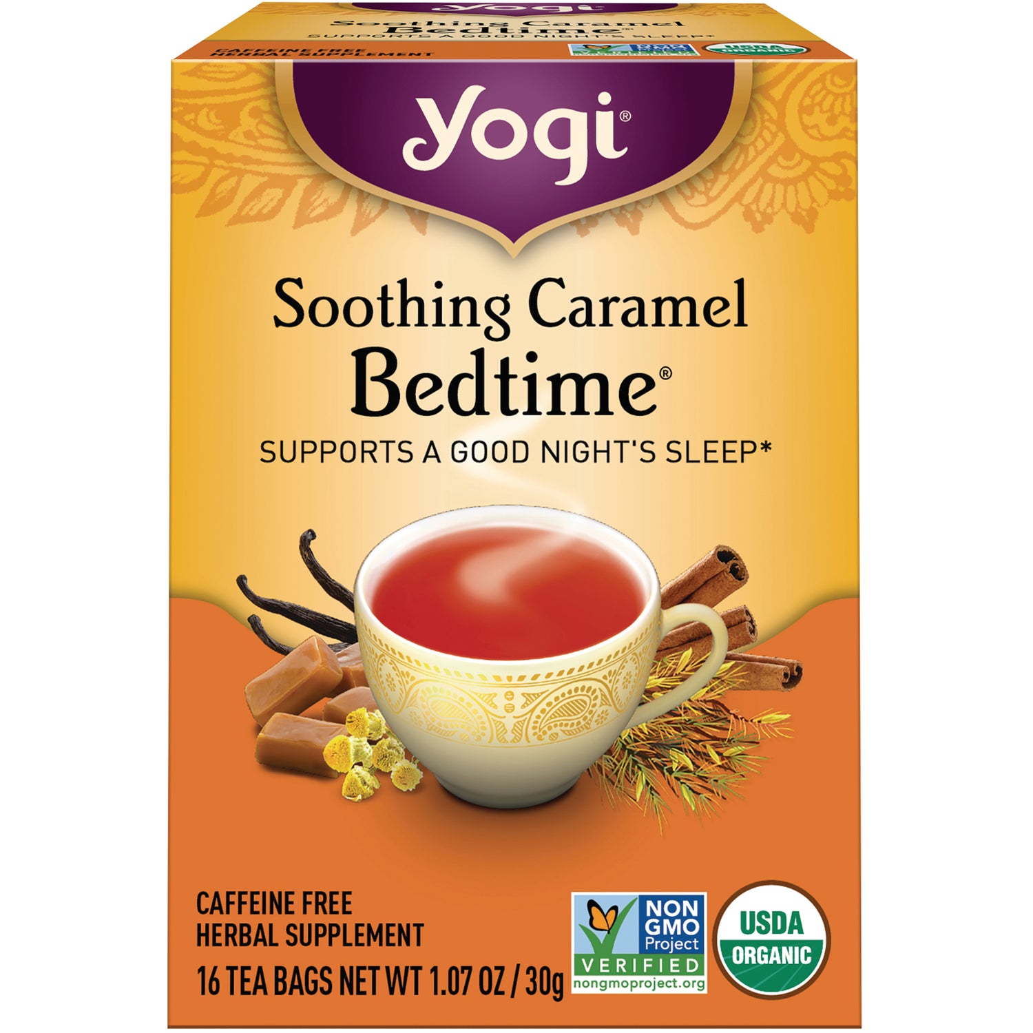 AHW054 | Yogi Soothing Caramel Bedtime tea box front showing cup of tea, 'Caffeine Free', USDA Organic and Non-GMO badges