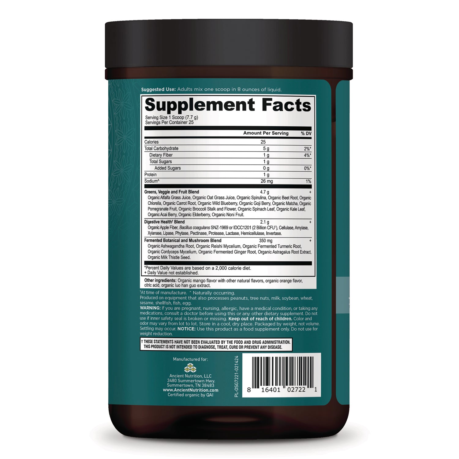 ATN131 | Back of teal supplement jar showing Supplement Facts panel, ingredient list and barcode