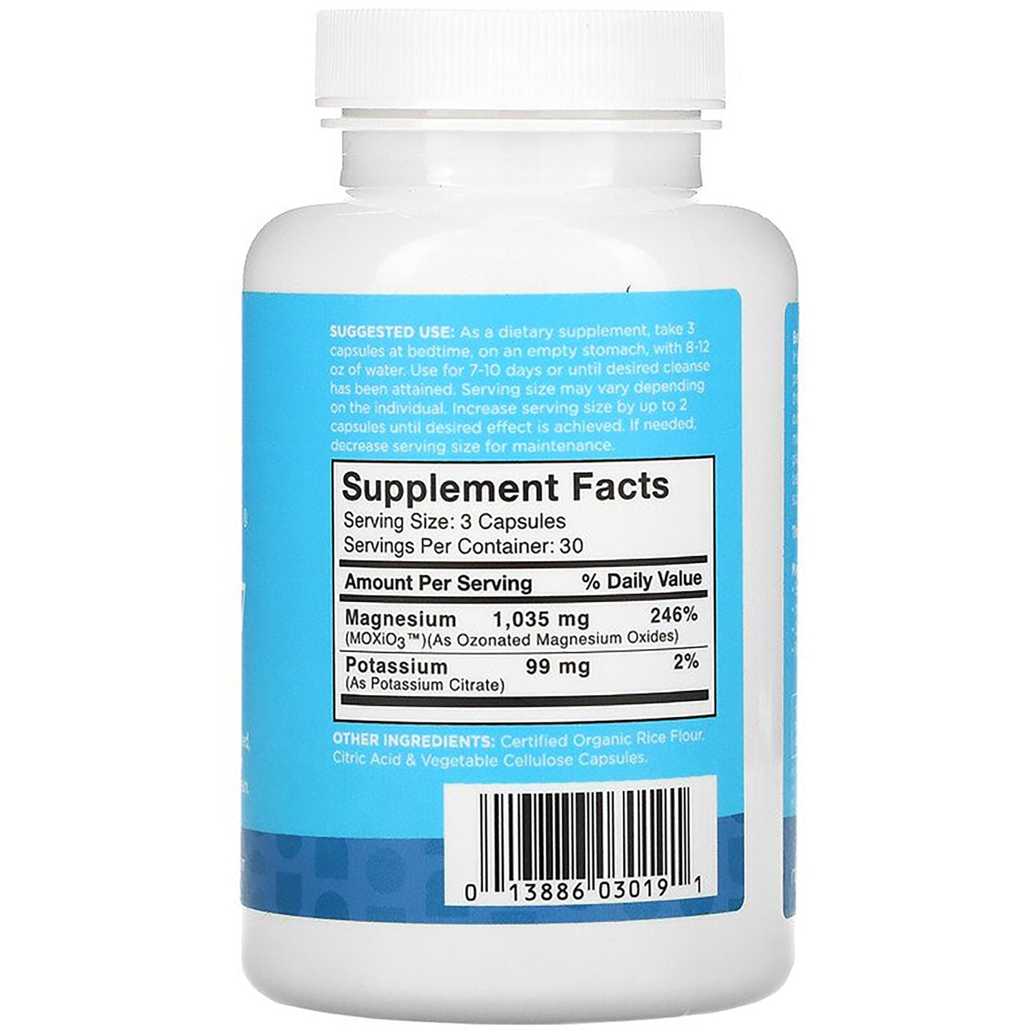 ARL005 | back of white supplement bottle showing Supplement Facts panel, magnesium and potassium amounts and barcode