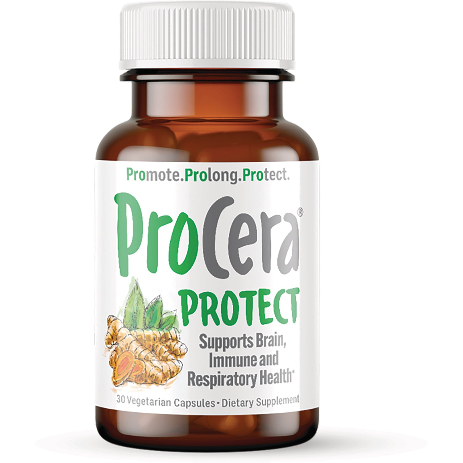 PRC010 | ProCera Protect brown supplement bottle labeled Supports Brain, Immune and Respiratory Health, 30 vegetarian capsules