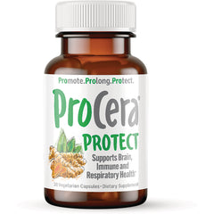 PRC010 | ProCera Protect brown supplement bottle labeled Supports Brain, Immune and Respiratory Health, 30 vegetarian capsules