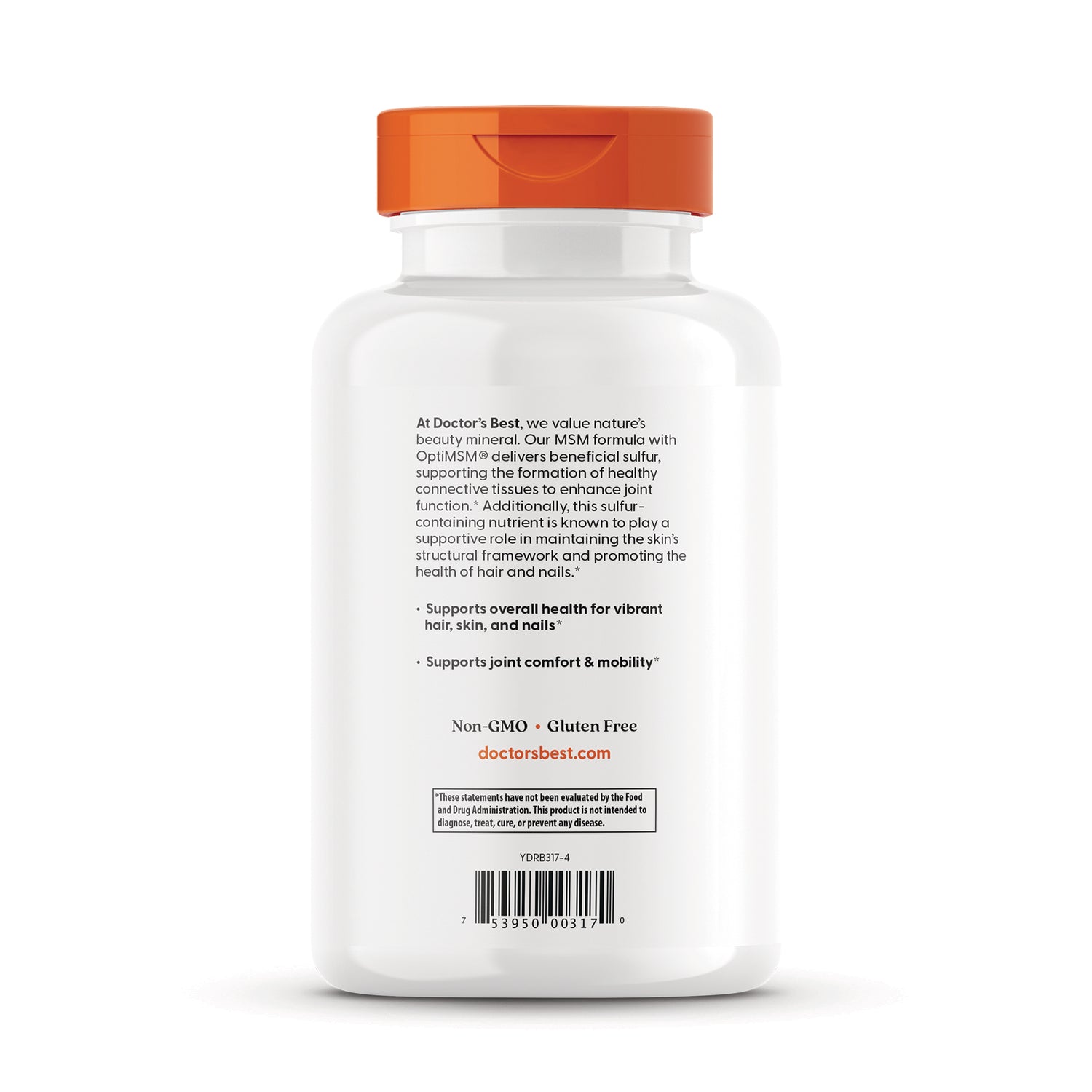 DB221 | White supplement bottle back label with orange cap, product information and barcode visible