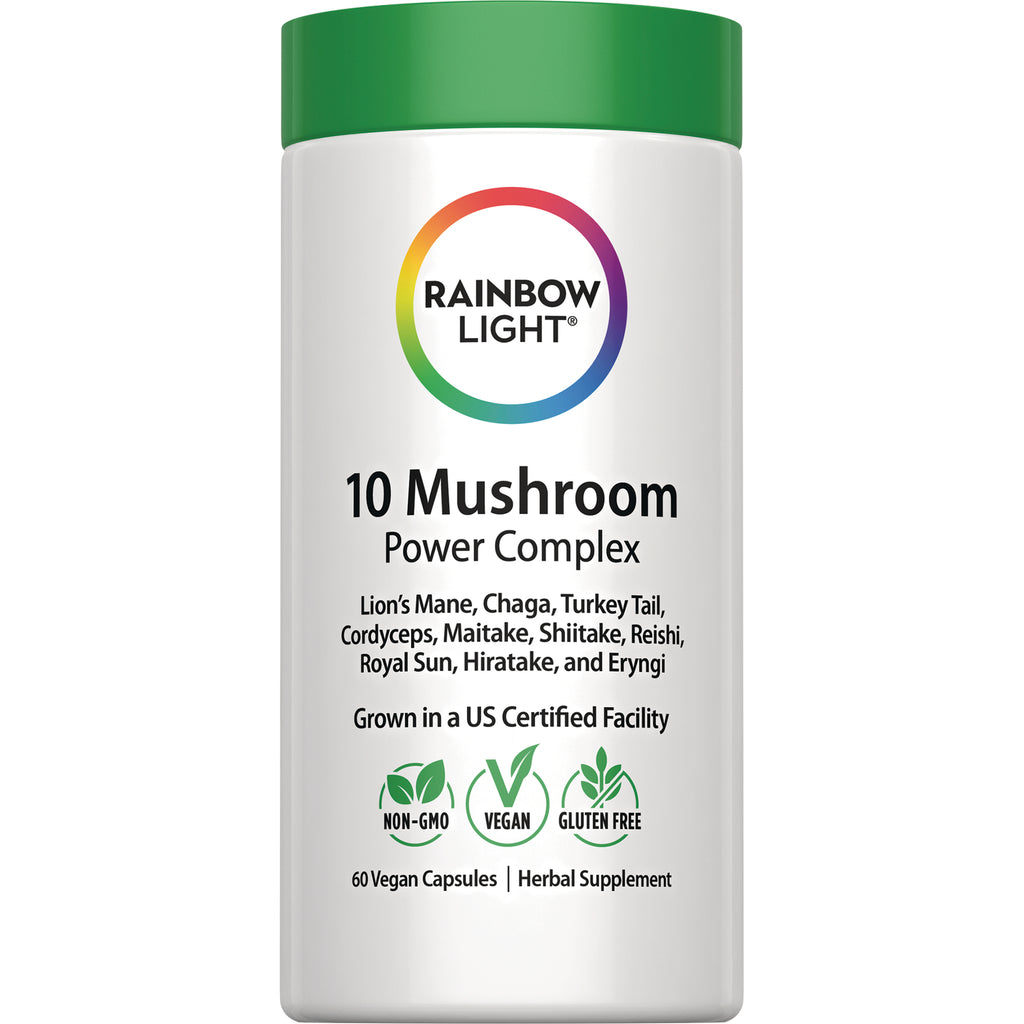 RBL177 | Rainbow Light 10 Mushroom Power Complex bottle with green cap, label lists non-GMO, vegan, gluten free, 60 vegan capsules - Thumbnail