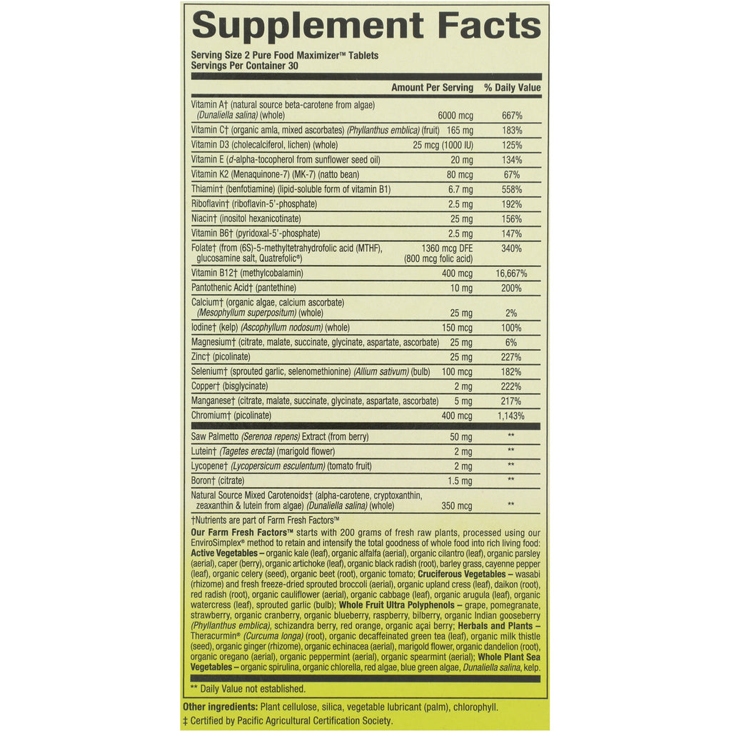 NFC190 | Supplement Facts panel showing vitamins, minerals, amounts per serving and other ingredients - Thumbnail