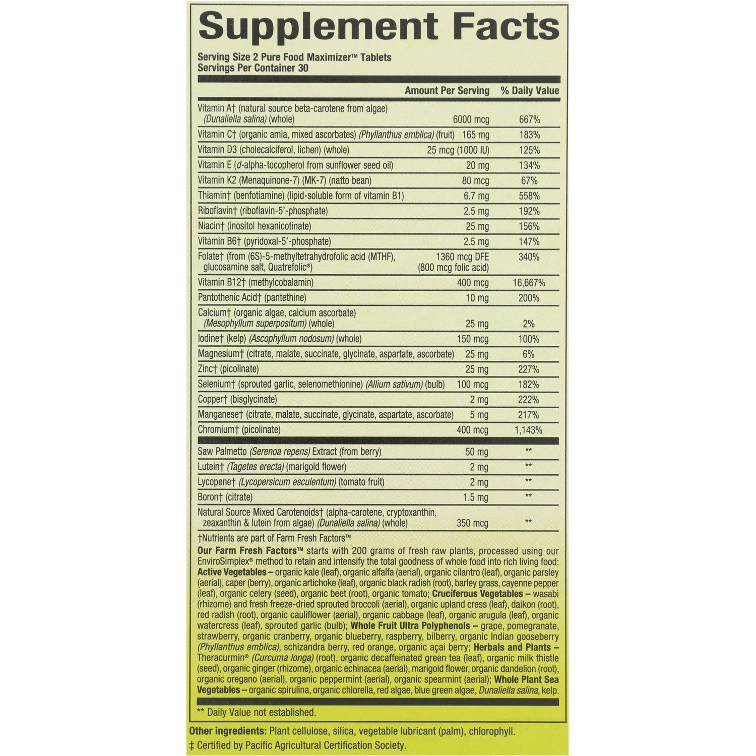 NFC190 | Supplement Facts panel showing vitamins, minerals, amounts per serving and other ingredients
