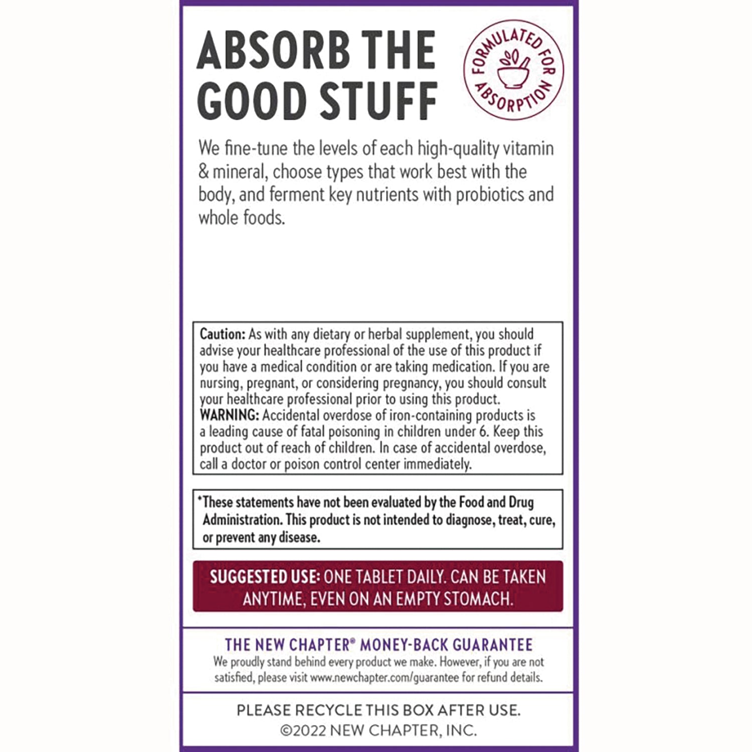 NWC169 | Back of supplement box with ABSORB THE GOOD STUFF headline, caution and suggested use text, recycling and guarantee info