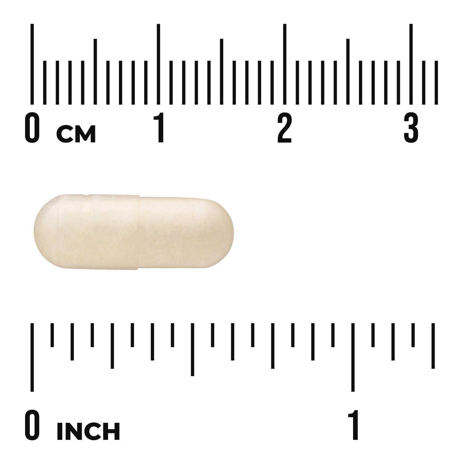 SW1510 | White capsule with size scale, 03 cm and 01 inch marked, labels CM and INCH