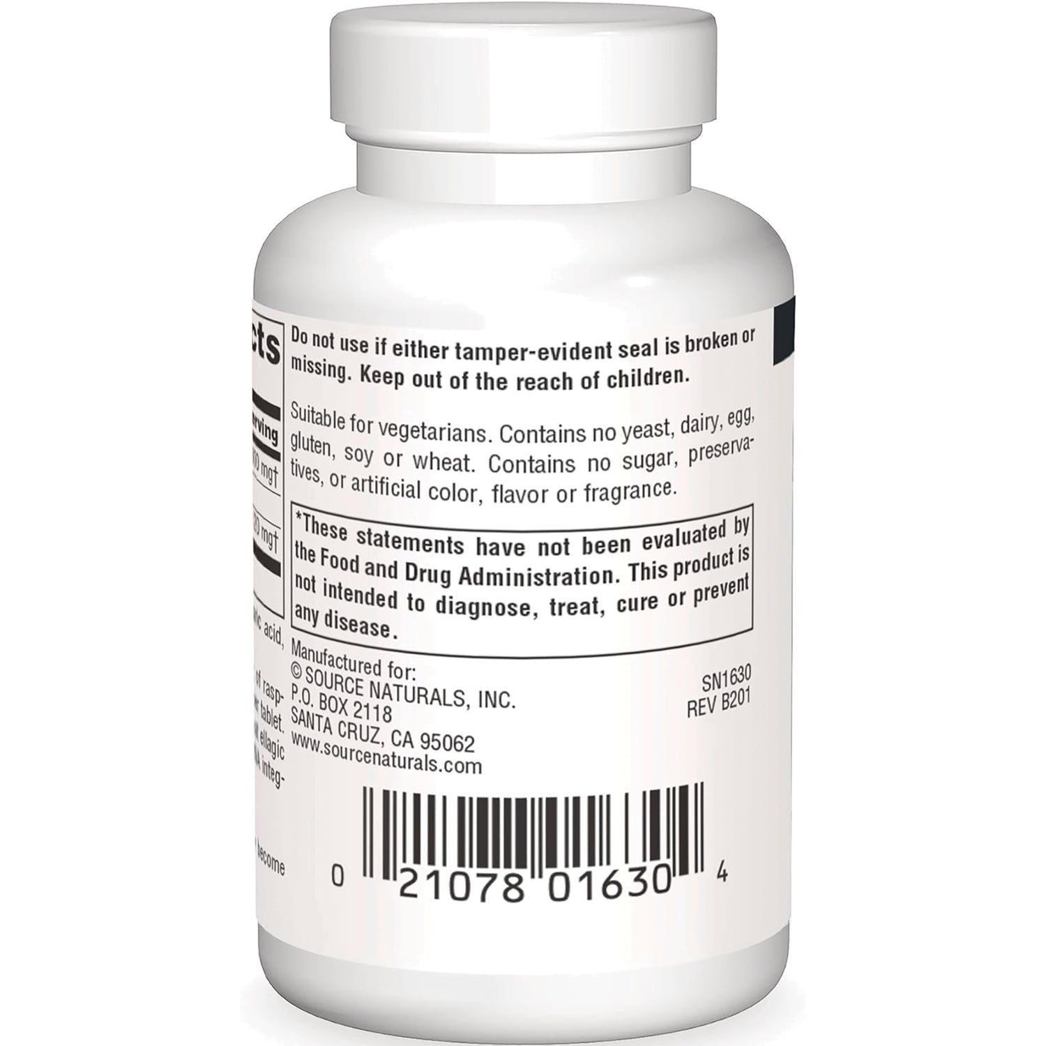 SN593 | Supplement bottle back label with warnings, FDA disclaimer, Source Naturals address, and barcode