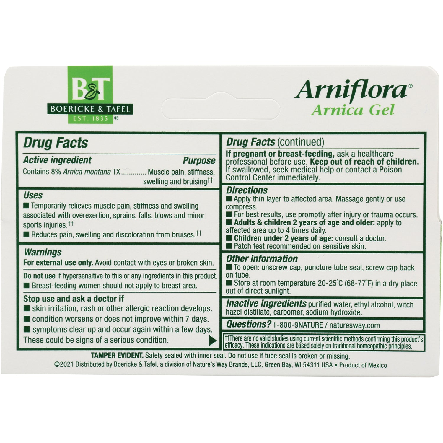 BRK007 | Back packaging showing Drug Facts panel with directions, warnings and inactive ingredients for Arniflora Arnica Gel