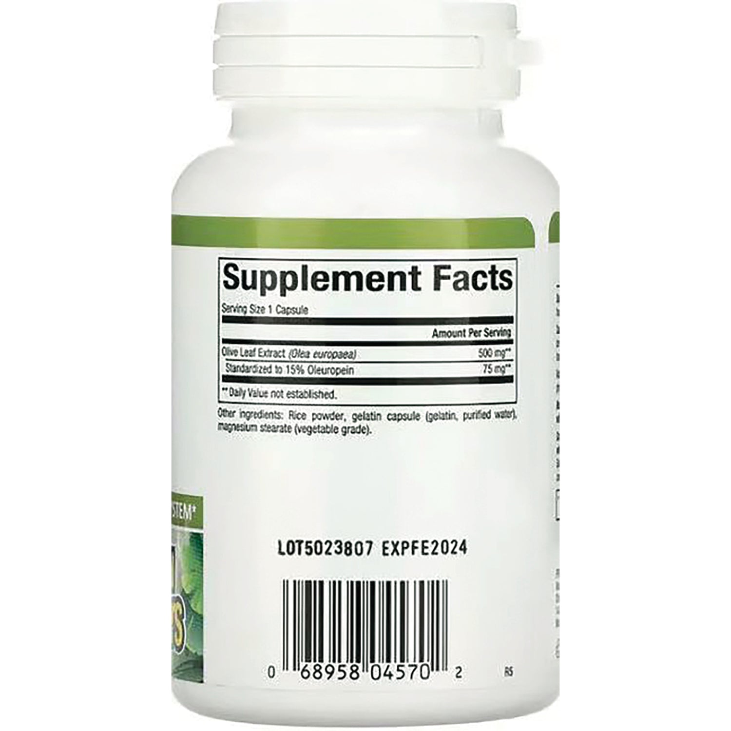 NFC076 | Back of white supplement bottle showing Supplement Facts panel, barcode, and lot and expiration code