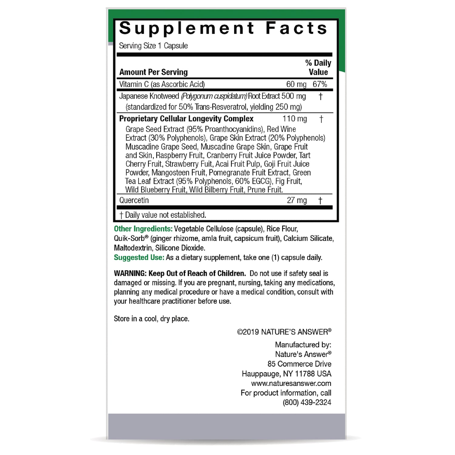 NAT105 | Supplement facts panel and ingredient list for one-capsule dietary supplement with warnings and manufacturer contact