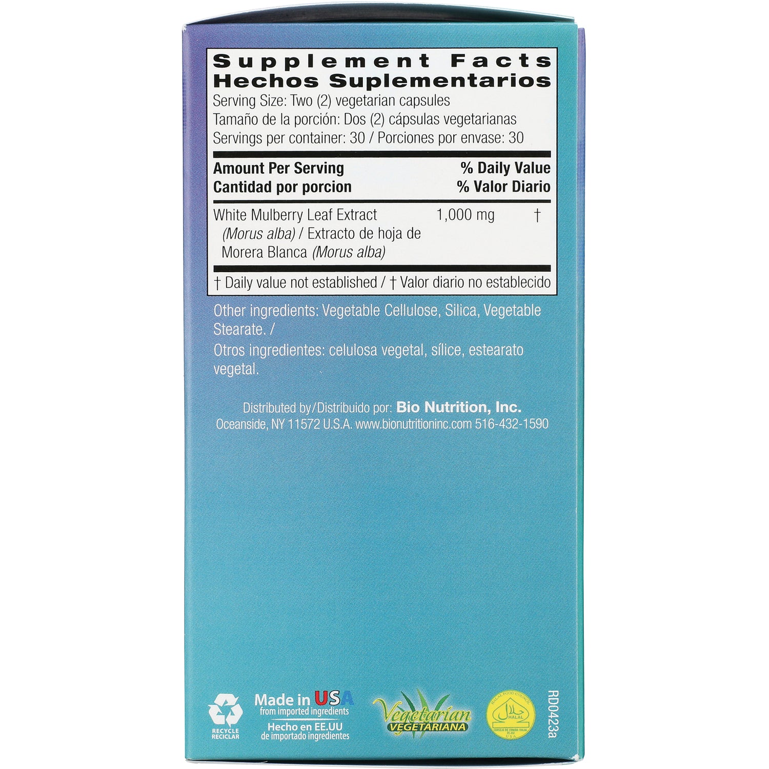 BNN036 | back of teal supplement box showing Supplement Facts with White Mulberry Leaf Extract 1,000 mg and other ingredients