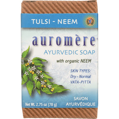 AUR002 | Auromre Ayurvedic Tulsi-Neem soap front packaging showing neem leaves, product name and net weight