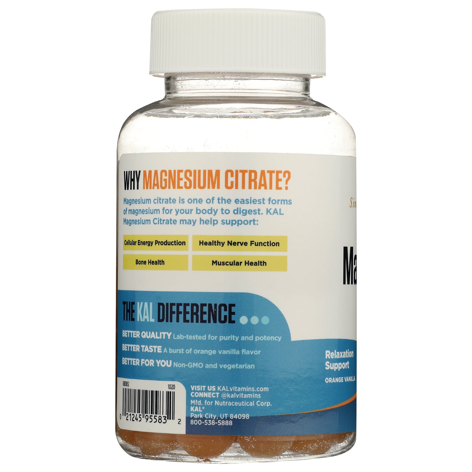 Back label of KAL Magnesium Citrate bottle showing benefits, The KAL Difference panel and barcode