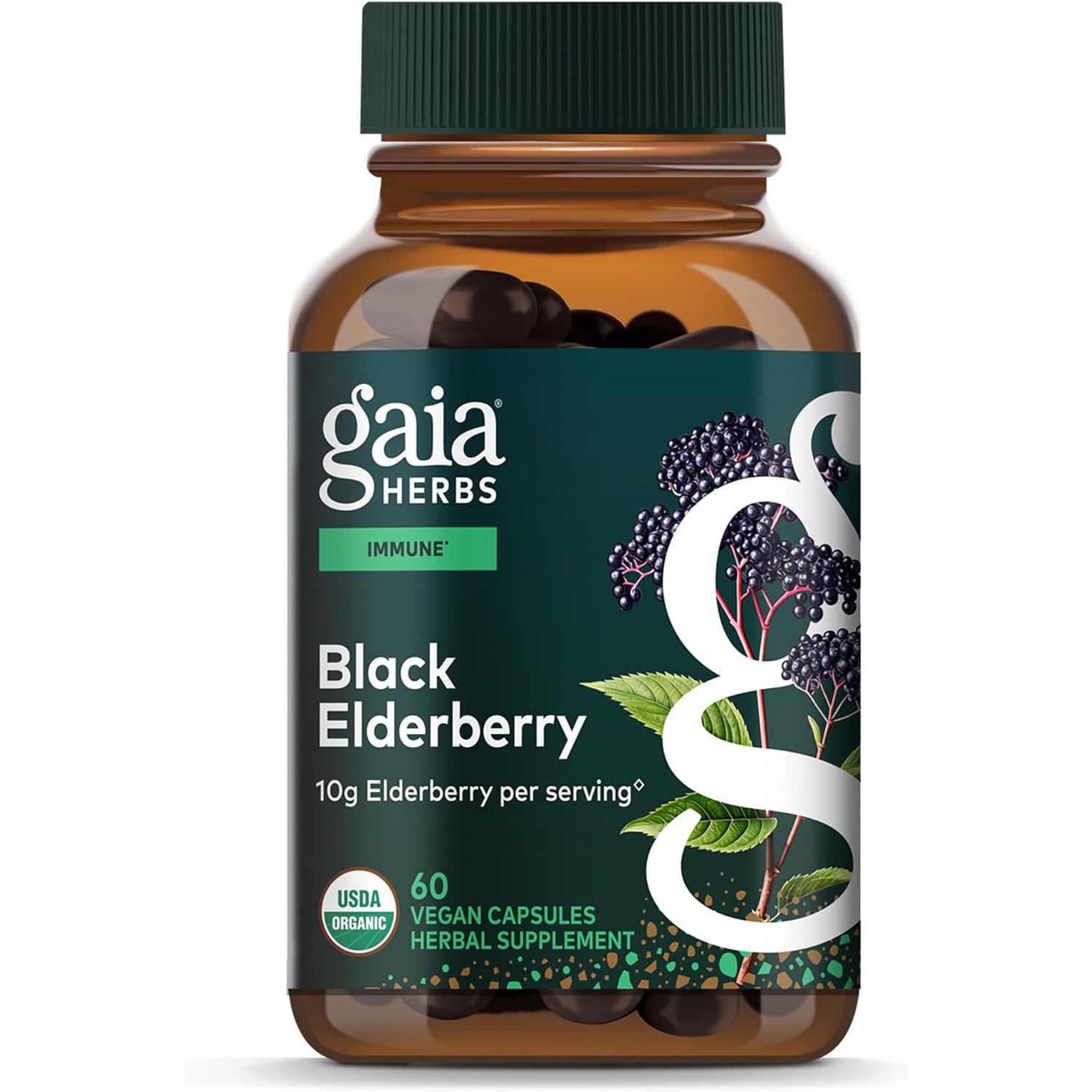 GH004 | Gaia Herbs Black Elderberry bottle, 60 vegan capsules, immune support herbal supplement