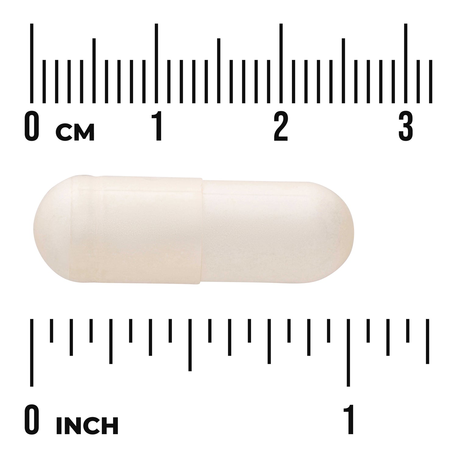 SWU803 | White capsule shown next to cm and inch ruler for size reference