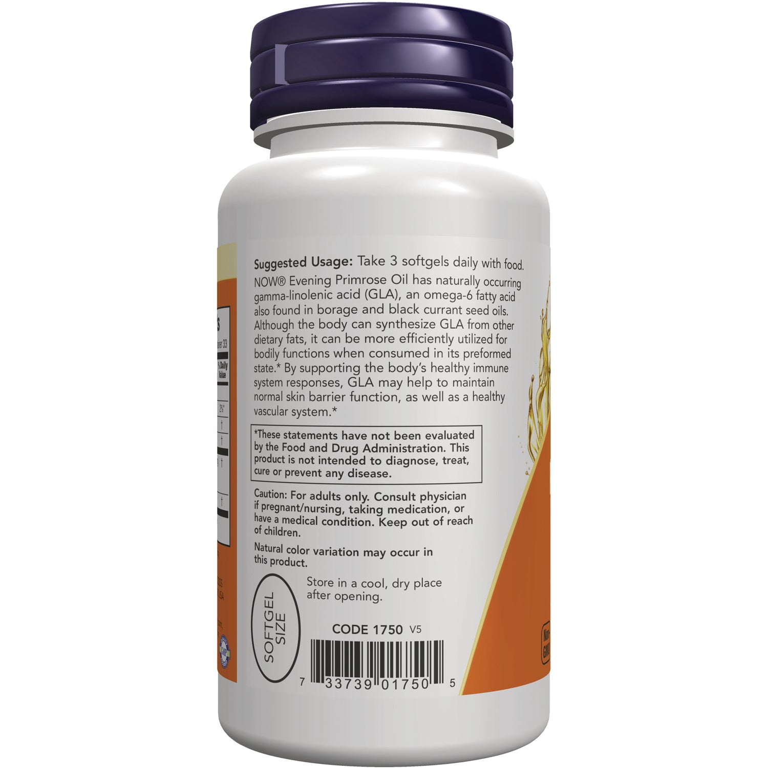NWF305 | Back of white supplement bottle showing suggested usage, caution text, and barcode