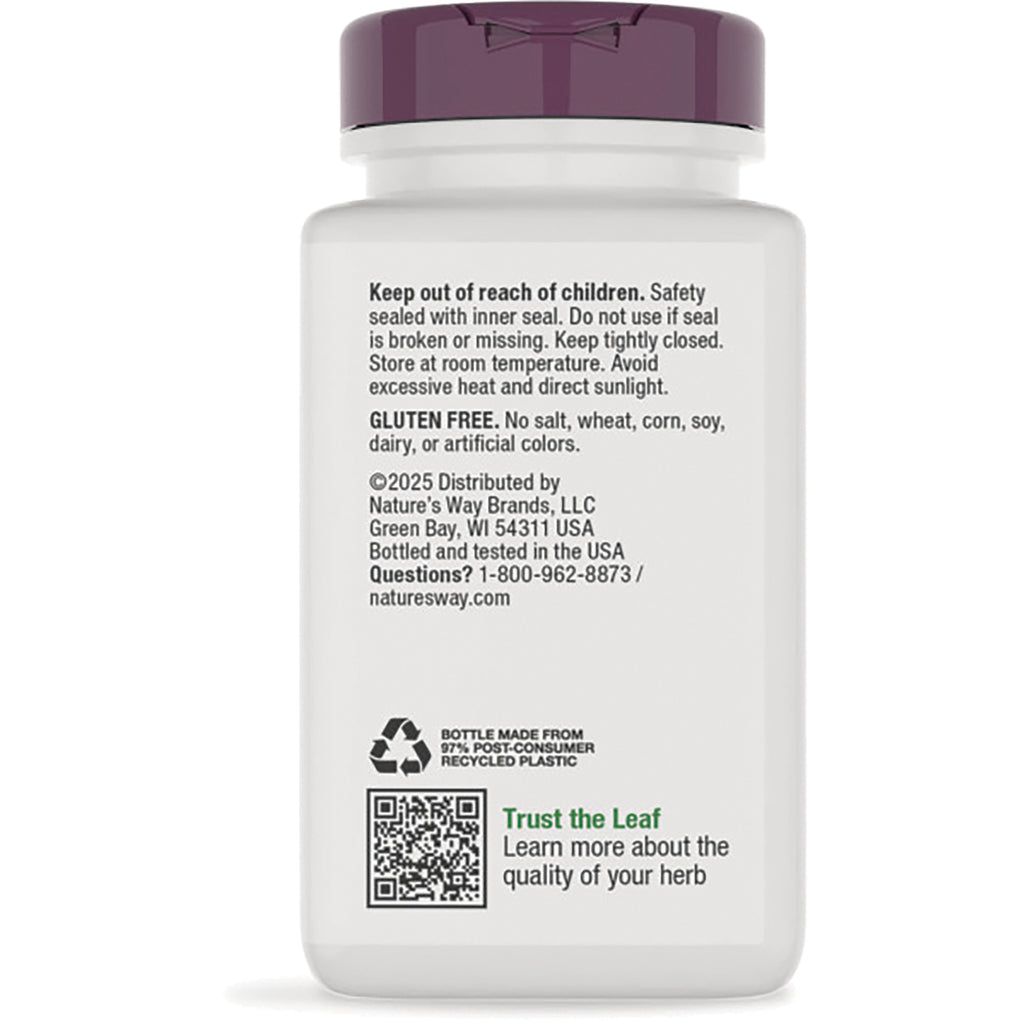 NW532 | back label of white supplement bottle showing warnings, gluten free statement, distributor info, QR code and recycling symbol - Thumbnail