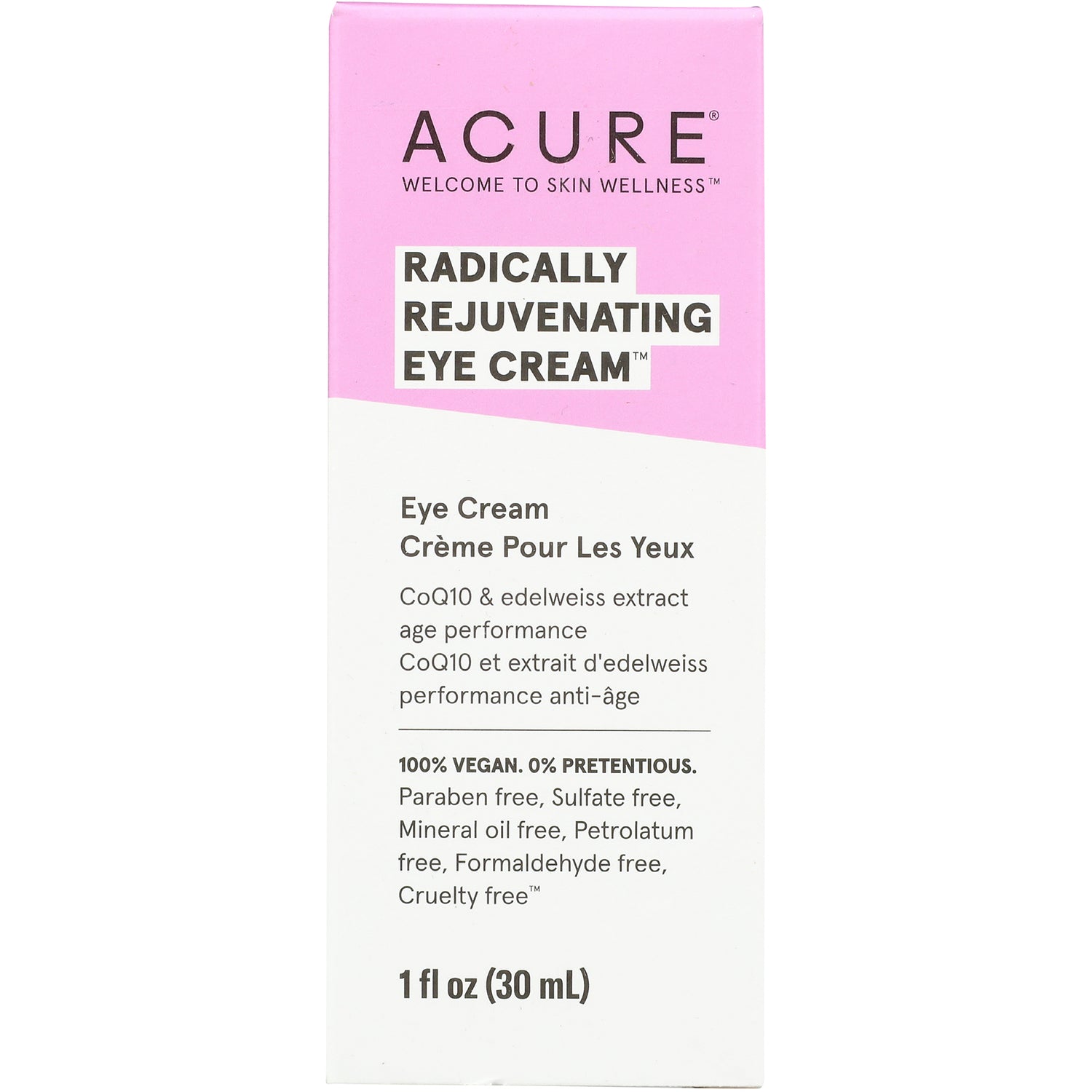 ACR006 | ACURE Radically Rejuvenating Eye Cream box, pink and white front packaging, 1 fl oz (30 mL)