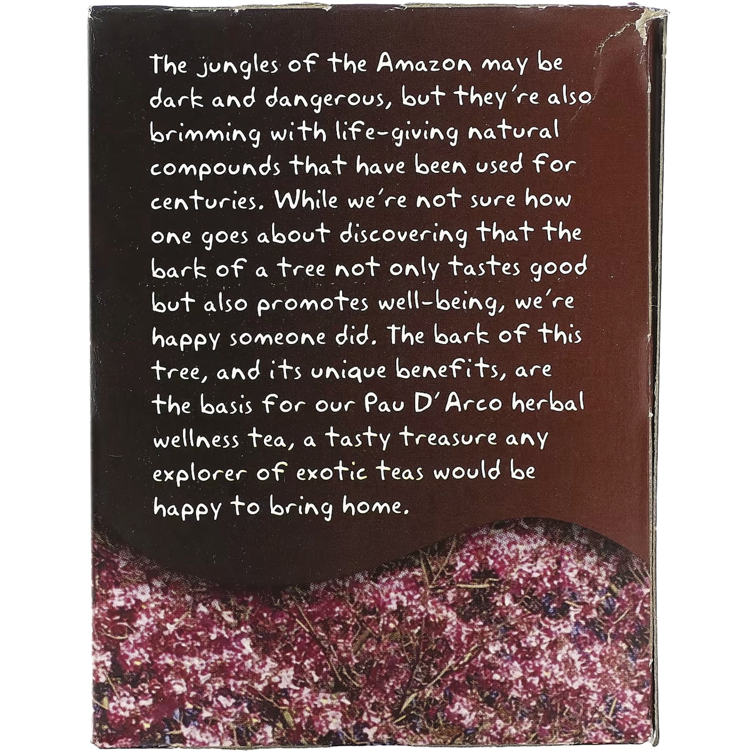 NWF1092 | Back of tea box with paragraph about Amazon bark and Pau D'Arco herbal wellness tea