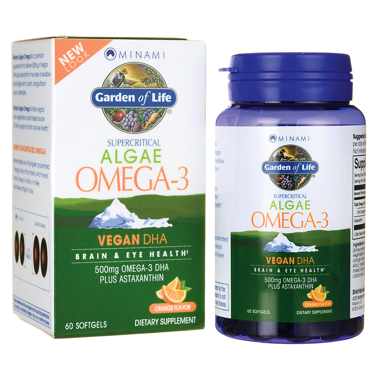 MIN004 | Garden of Life Supercritical Algae OMEGA-3 vegan DHA 60 softgels orange flavor front box and bottle