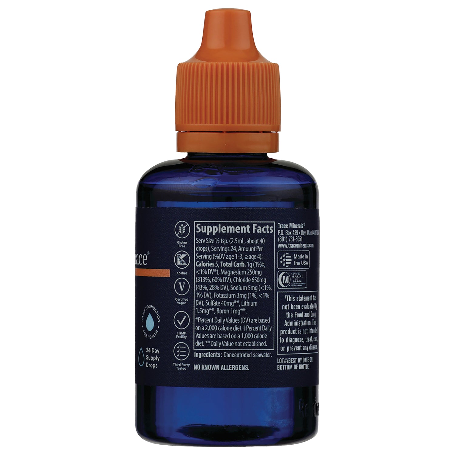 TM106 | Supplement Facts and ingredients panel on Trace Minerals liquid drops bottle (back label)