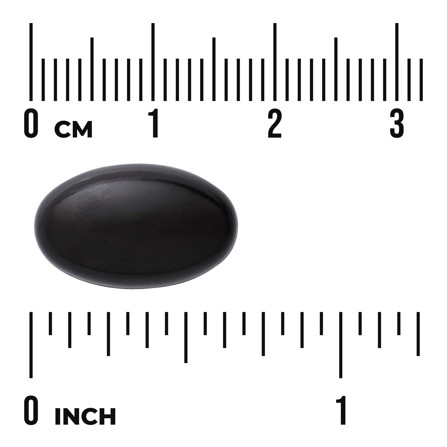 SWU1032 | Black oval softgel shown with inch and centimeter scale