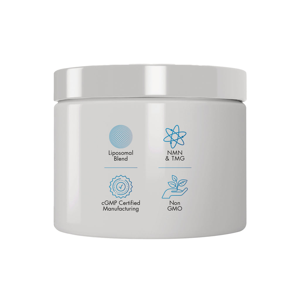 CDG039 | Back of white supplement jar showing icons and text Liposomal Blend, NMN & TMG, cGMP Certified Manufacturing, Non GMO - Thumbnail