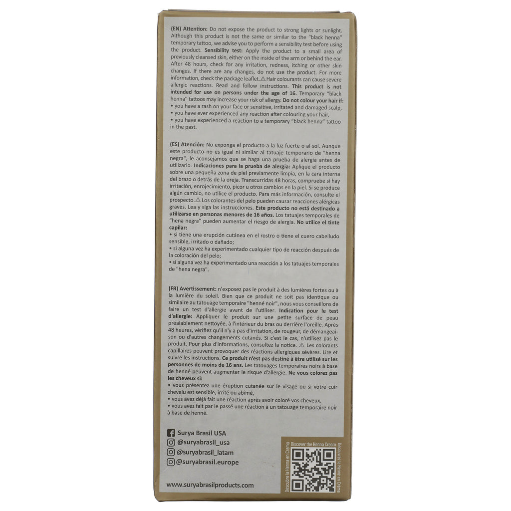 SUR027 | Back of box with safety warnings in EN/ES/FR, Surya Brasil USA social links, and QR code - Thumbnail