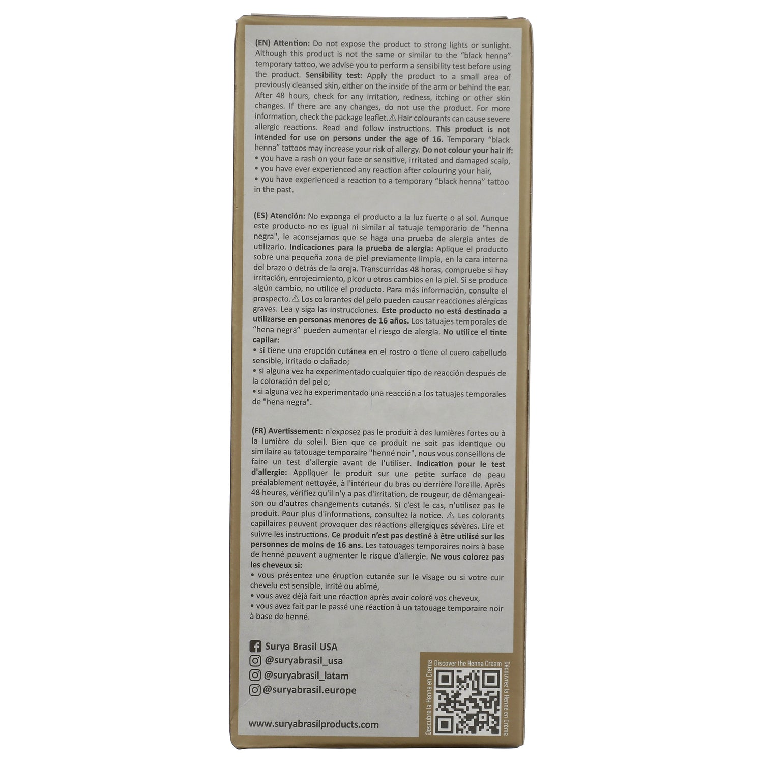 SUR027 | Back of box with safety warnings in EN/ES/FR, Surya Brasil USA social links, and QR code