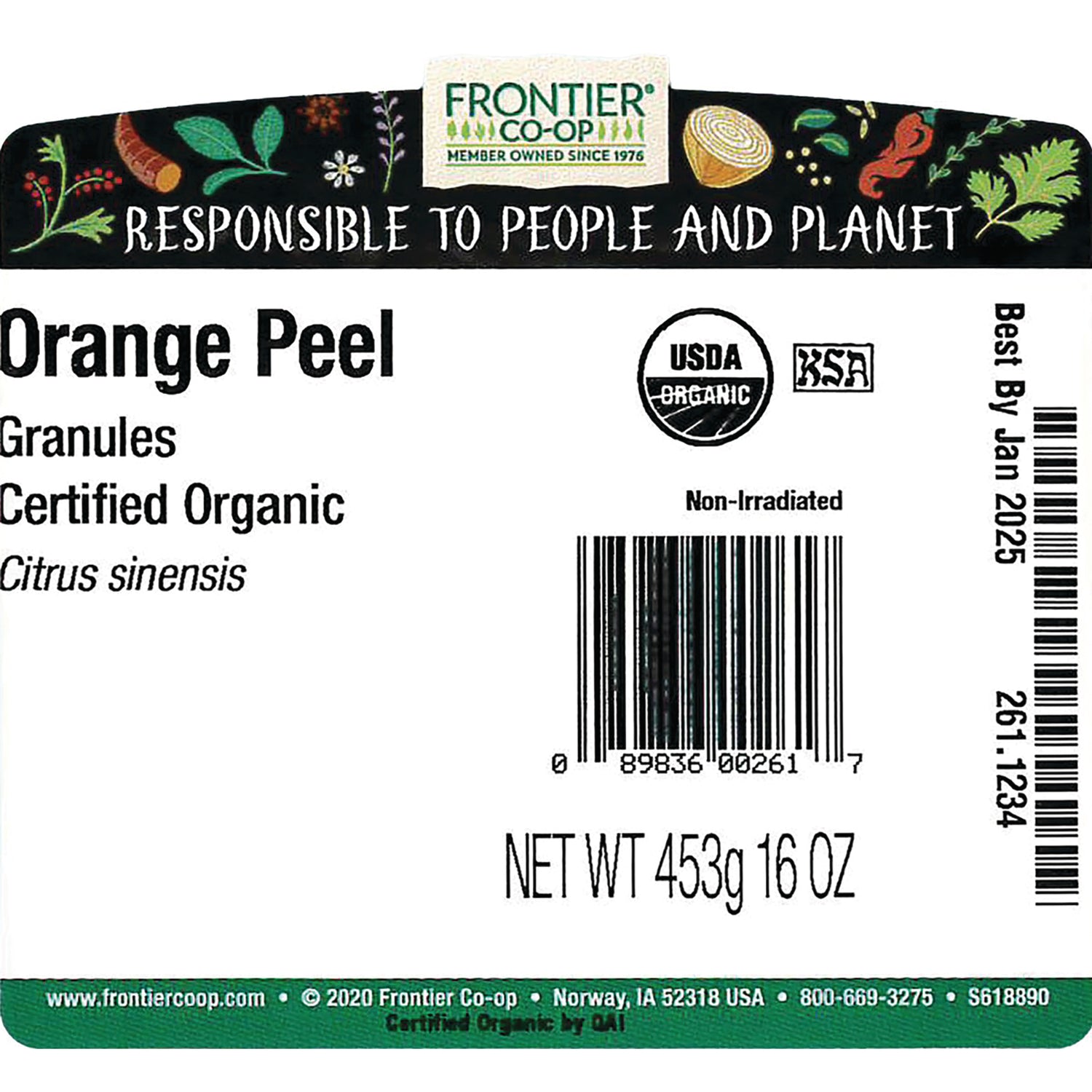 FNP067 | Back label of Frontier Co-op Orange Peel granules showing barcode, USDA Organic logo, net wt 453g 16 OZ and Best By Jan 2025