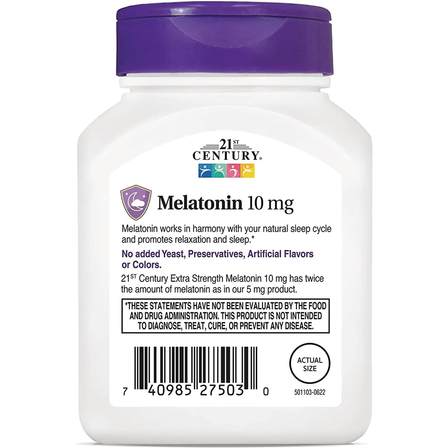 CNT246 | 21st Century Melatonin 10 mg bottle label with product claims, barcode, and actual size circle