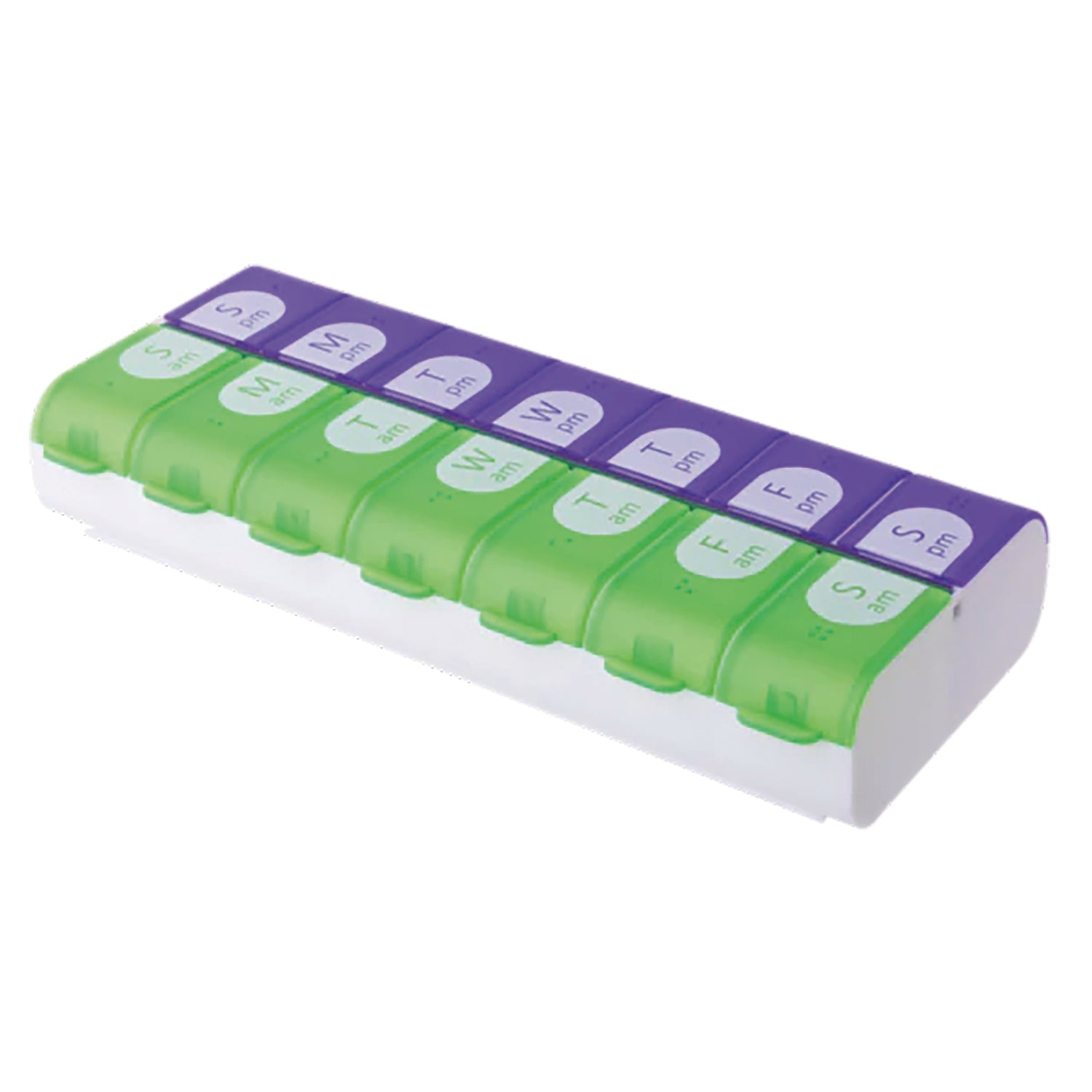 APP09 | Green and purple weekly pill organizer with AM and PM compartments