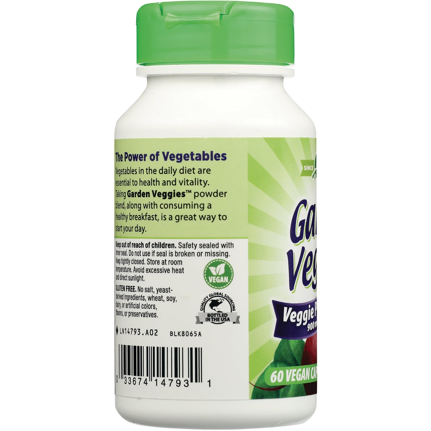 NW561 | product infographic of supplement bottle side label reading The Power of Vegetables with vegan logo and barcode