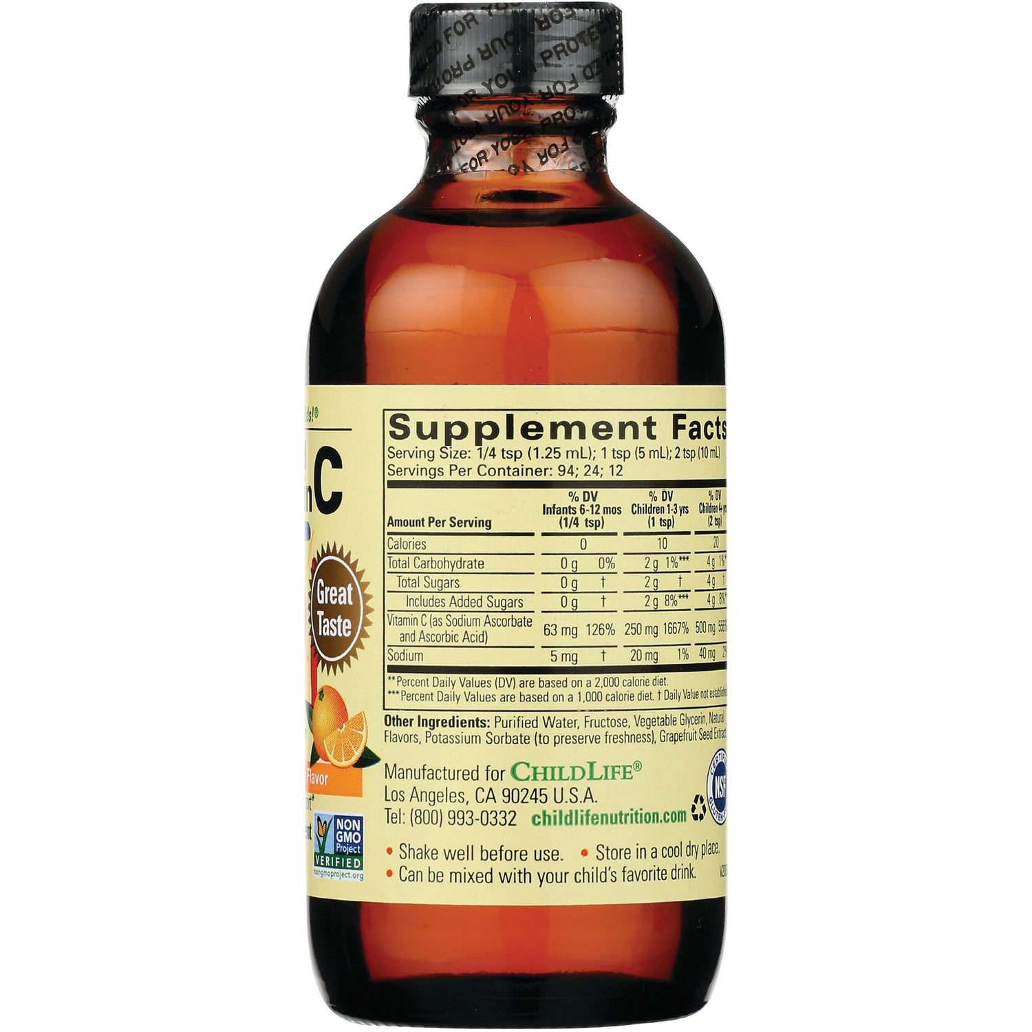 CHL004 | Amber supplement bottle back label showing Supplement Facts, ingredients, dosage and ChildLife contact info