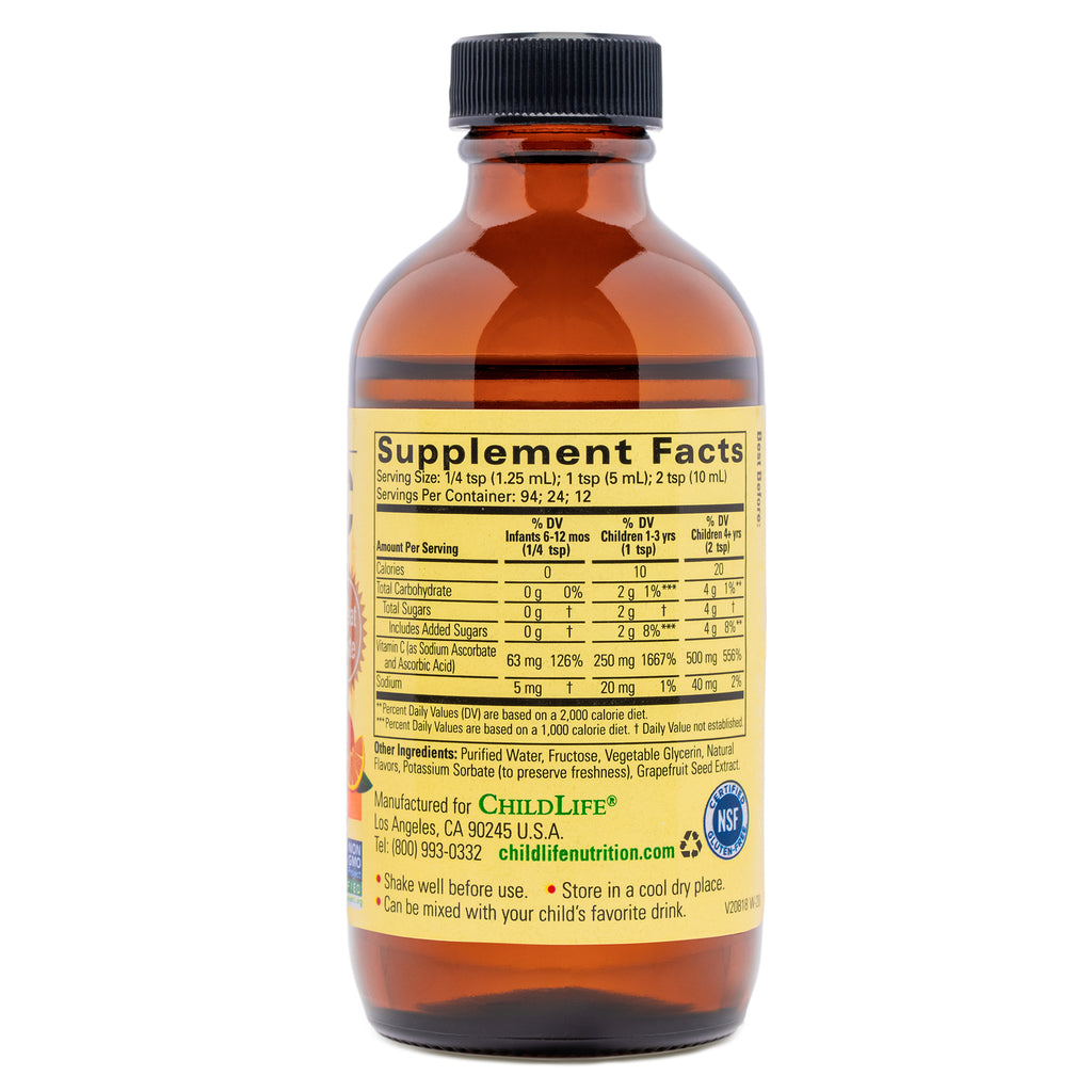 CHL004 | Amber supplement bottle back label showing Supplement Facts, ingredients, dosage and ChildLife contact info - Thumbnail