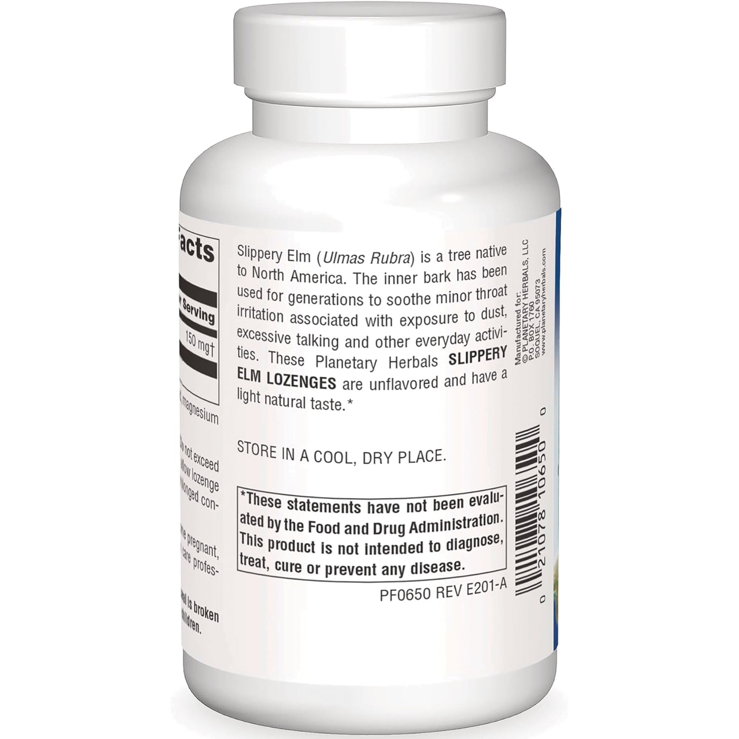 PF130 | back label of white supplement bottle showing ingredient text, barcode, and FDA warning box
