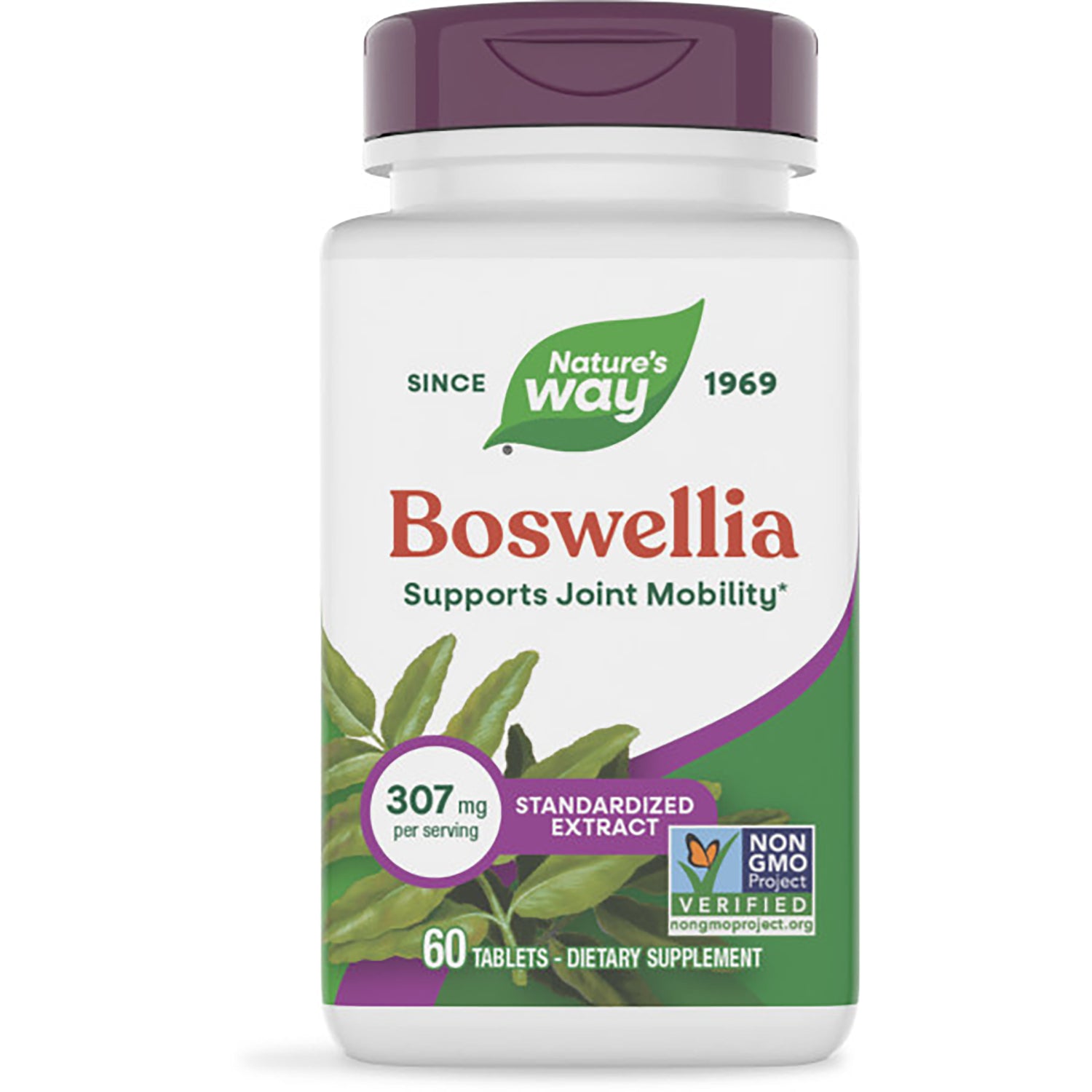 NW685 | Bottle of Nature's Way Boswellia Premium Extract dietary supplement, 60 tablets, front label showing plant powered and supports joint mobility