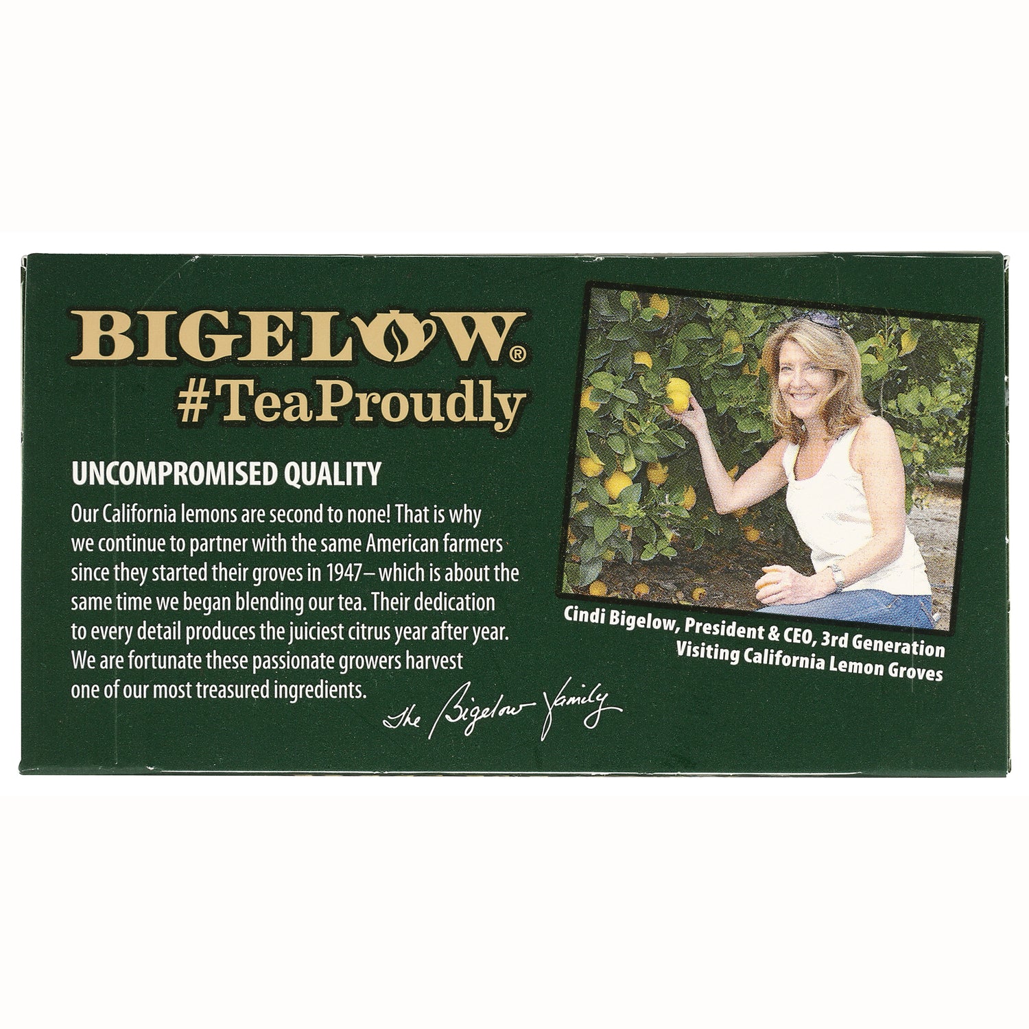 BGT012 | Bigelow tea box back panel with 'Uncompromised Quality' text and photo of a woman picking lemons