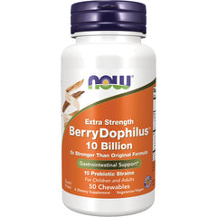 NWF1290 | NOW Extra Strength BerryDophilus 10 Billion chewable probiotics bottle, 50 chewables