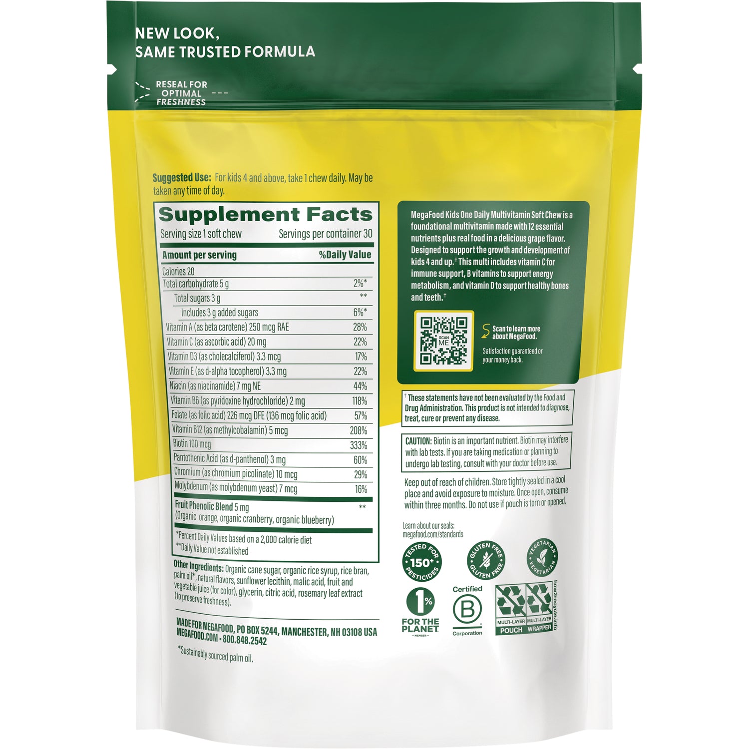 MGF095 | Back of yellow-green pouch showing Supplement Facts panel, ingredient list, QR code, and caution text