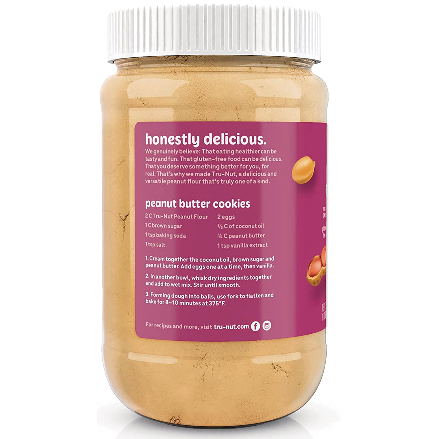 TNT007 | Back of Tru-Nut peanut flour jar with 'honestly delicious' panel and peanut butter cookies recipe
